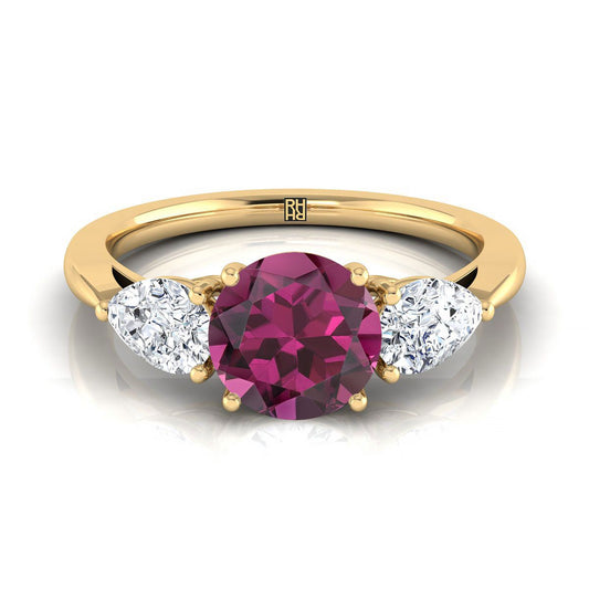 14K Yellow Gold Round Brilliant Garnet Perfectly Matched Pear Shaped Three Diamond Engagement Ring -7/8ctw