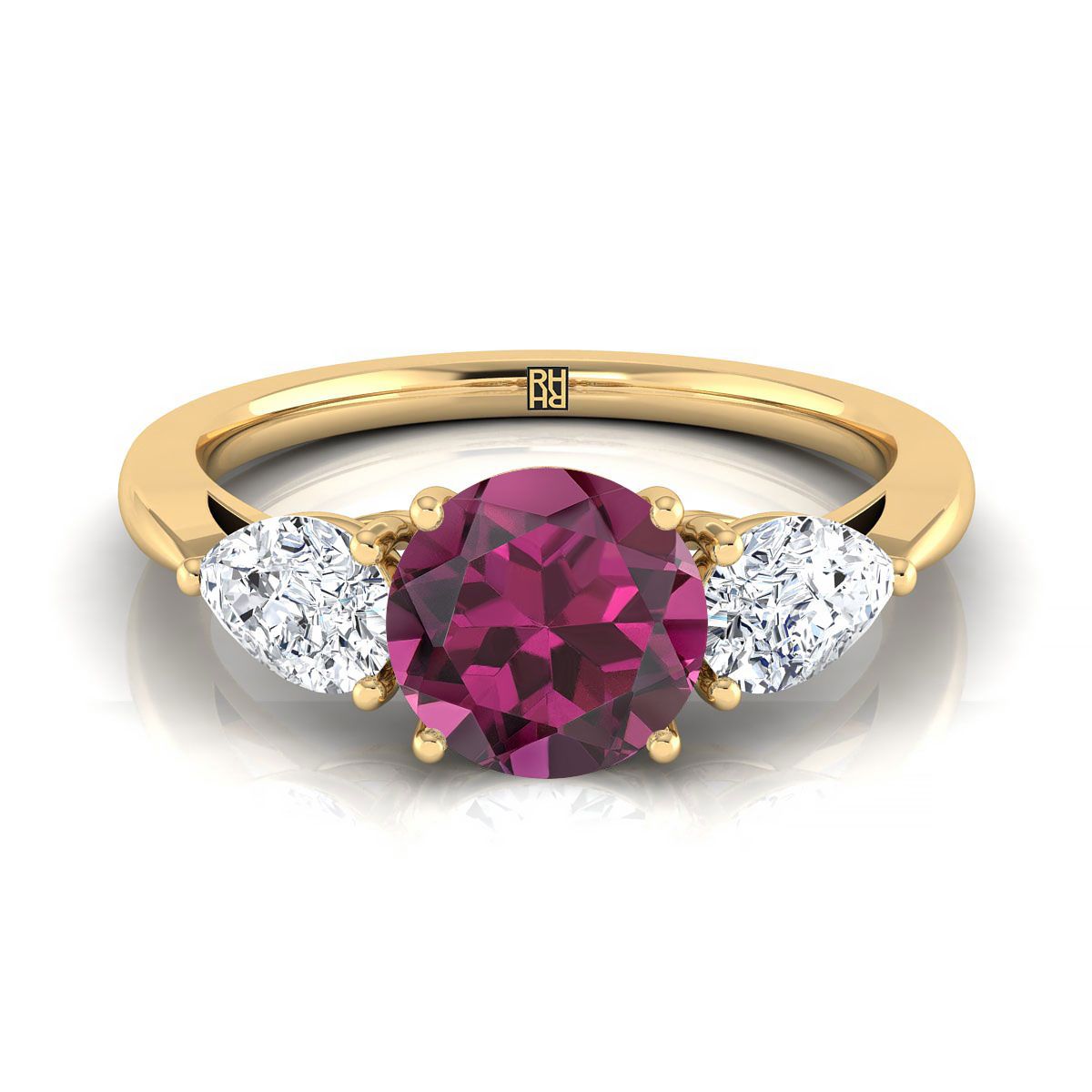 14K Yellow Gold Round Brilliant Garnet Perfectly Matched Pear Shaped Three Diamond Engagement Ring -7/8ctw