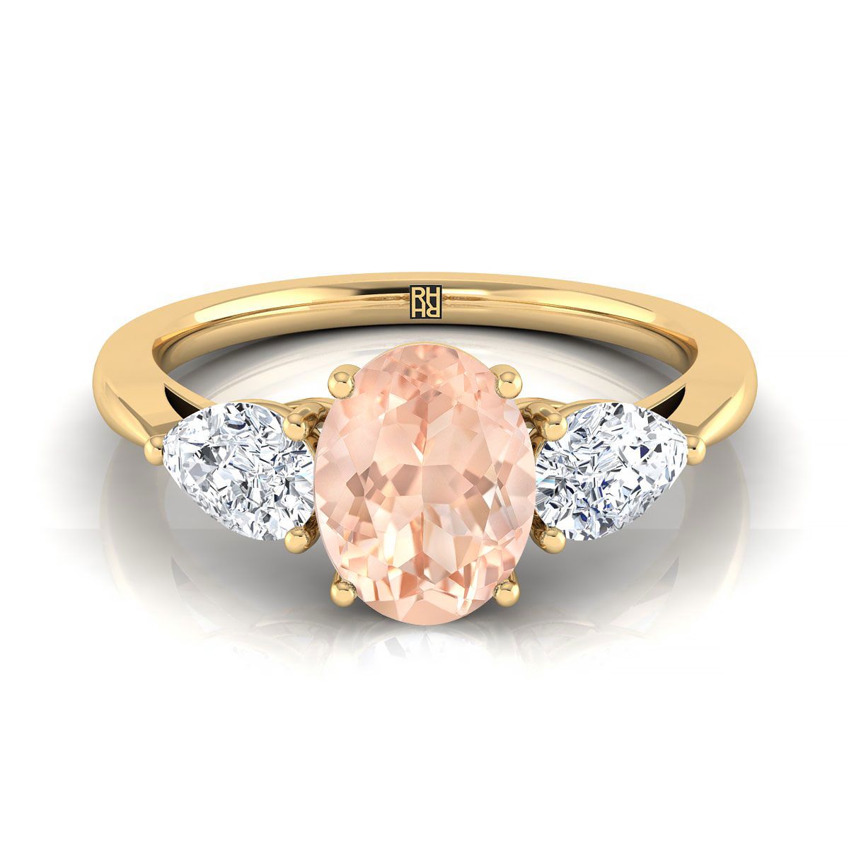18K Yellow Gold Oval Morganite Perfectly Matched Pear Shaped Three Diamond Engagement Ring -7/8ctw