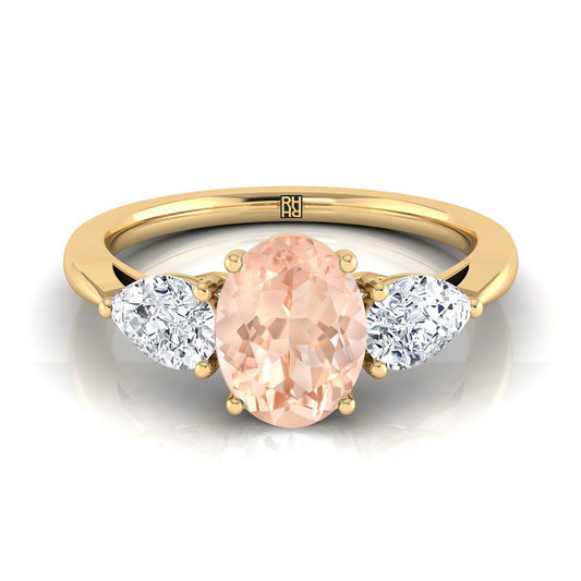 14K Yellow Gold Oval Morganite Perfectly Matched Pear Shaped Three Diamond Engagement Ring -7/8ctw