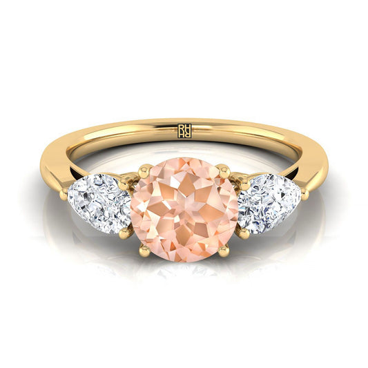 14K Yellow Gold Round Brilliant Morganite Perfectly Matched Pear Shaped Three Diamond Engagement Ring -7/8ctw