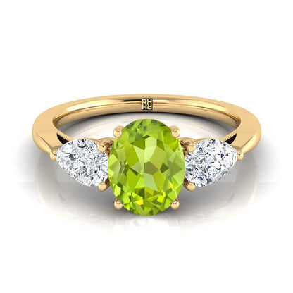 18K Yellow Gold Oval Peridot Perfectly Matched Pear Shaped Three Diamond Engagement Ring -7/8ctw