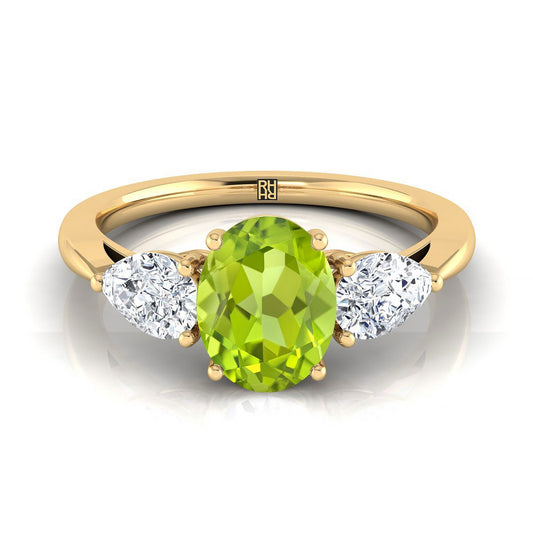 18K Yellow Gold Oval Peridot Perfectly Matched Pear Shaped Three Diamond Engagement Ring -7/8ctw