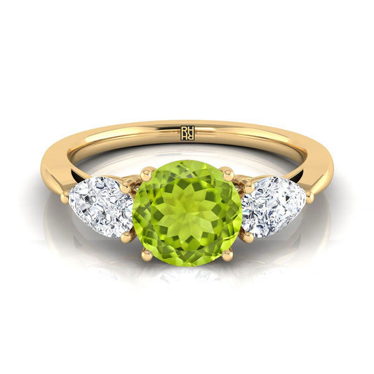 14K Yellow Gold Round Brilliant Peridot Perfectly Matched Pear Shaped Three Diamond Engagement Ring -7/8ctw