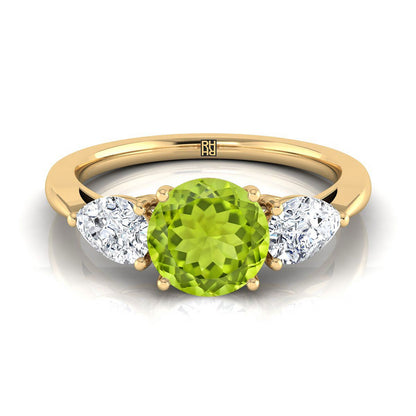 18K Yellow Gold Round Brilliant Peridot Perfectly Matched Pear Shaped Three Diamond Engagement Ring -7/8ctw