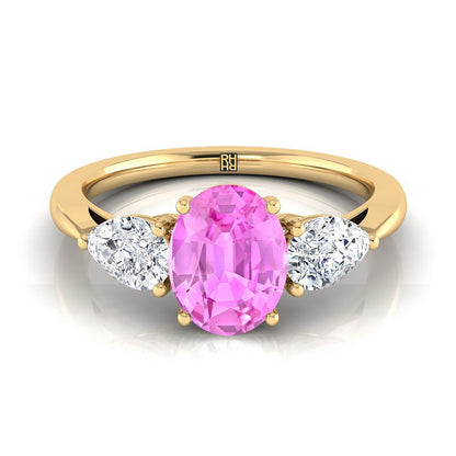 18K Yellow Gold Oval Pink Sapphire Perfectly Matched Pear Shaped Three Diamond Engagement Ring -7/8ctw