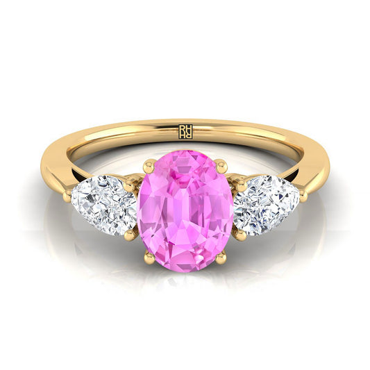18K Yellow Gold Oval Pink Sapphire Perfectly Matched Pear Shaped Three Diamond Engagement Ring -7/8ctw