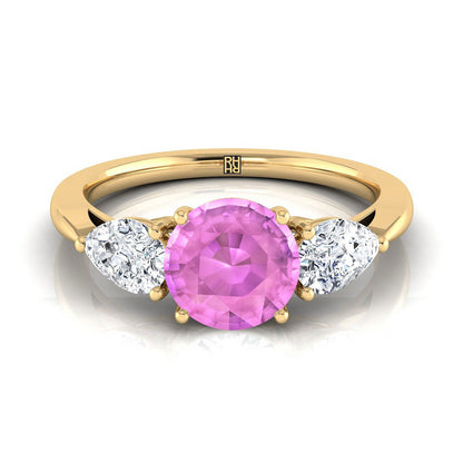 14K Yellow Gold Round Brilliant Pink Sapphire Perfectly Matched Pear Shaped Three Diamond Engagement Ring -7/8ctw