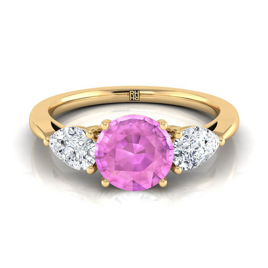 14K Yellow Gold Round Brilliant Pink Sapphire Perfectly Matched Pear Shaped Three Diamond Engagement Ring -7/8ctw