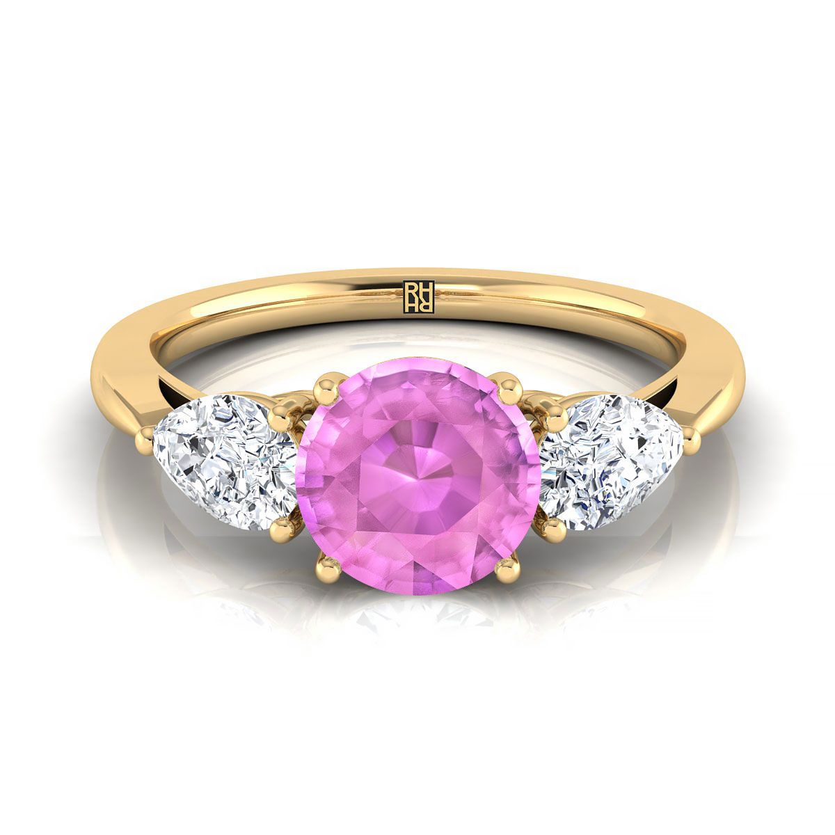 18K Yellow Gold Round Brilliant Pink Sapphire Perfectly Matched Pear Shaped Three Diamond Engagement Ring -7/8ctw