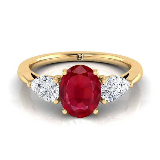18K Yellow Gold Oval Ruby Perfectly Matched Pear Shaped Three Diamond Engagement Ring -7/8ctw