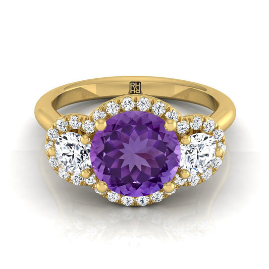 18K Yellow Gold Round Brilliant Amethyst French Pave Diamond Three Stone Engagement Ring -1/2ctw