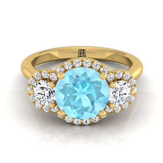 14K Yellow Gold Round Brilliant Aquamarine French Pave Diamond Three Stone Engagement Ring -1/2ctw