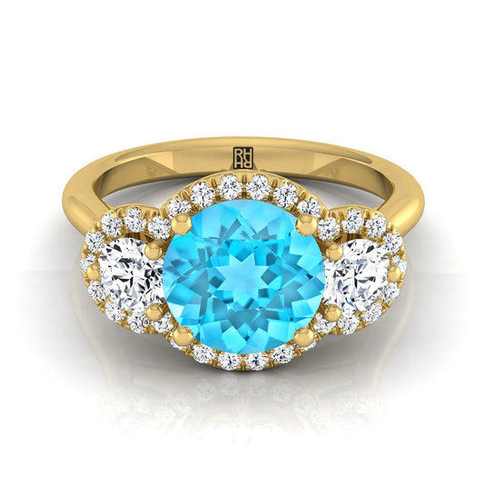 14K Yellow Gold Round Brilliant Swiss Blue Topaz French Pave Diamond Three Stone Engagement Ring -1/2ctw