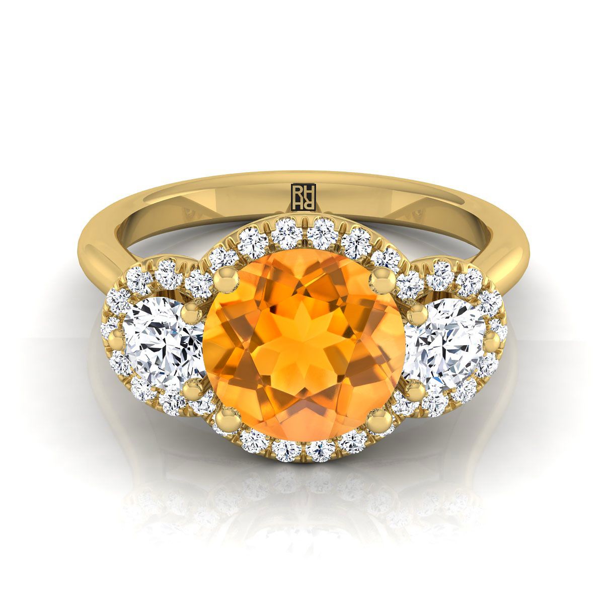 14K Yellow Gold Round Brilliant Citrine French Pave Diamond Three Stone Engagement Ring -1/2ctw