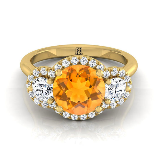 14K Yellow Gold Round Brilliant Citrine French Pave Diamond Three Stone Engagement Ring -1/2ctw