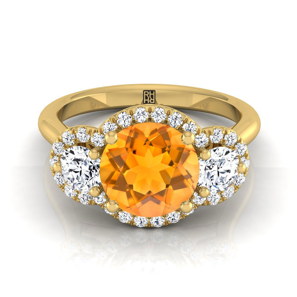 18K Yellow Gold Round Brilliant Citrine French Pave Diamond Three Stone Engagement Ring -1/2ctw