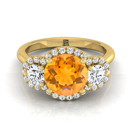18K Yellow Gold Round Brilliant Citrine French Pave Diamond Three Stone Engagement Ring -1/2ctw