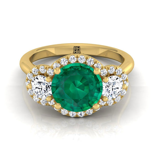 18K Yellow Gold Round Brilliant Emerald French Pave Diamond Three Stone Engagement Ring -1/2ctw