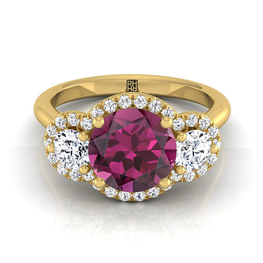 18K Yellow Gold Round Brilliant Garnet French Pave Diamond Three Stone Engagement Ring -1/2ctw