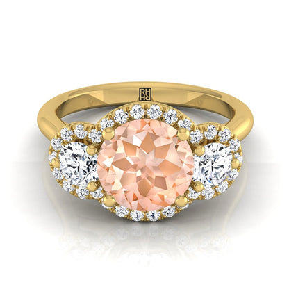 18K Yellow Gold Round Brilliant Morganite French Pave Diamond Three Stone Engagement Ring -1/2ctw