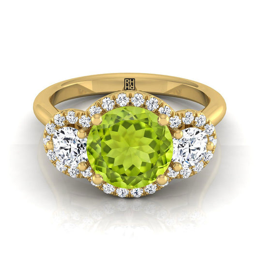 14K Yellow Gold Round Brilliant Peridot French Pave Diamond Three Stone Engagement Ring -1/2ctw