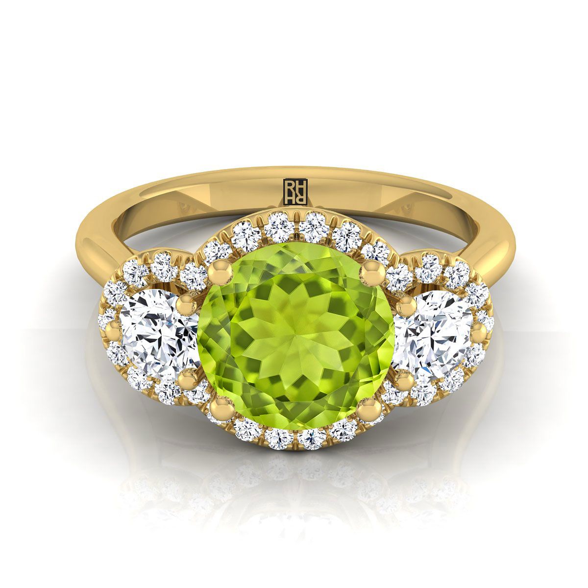 14K Yellow Gold Round Brilliant Peridot French Pave Diamond Three Stone Engagement Ring -1/2ctw