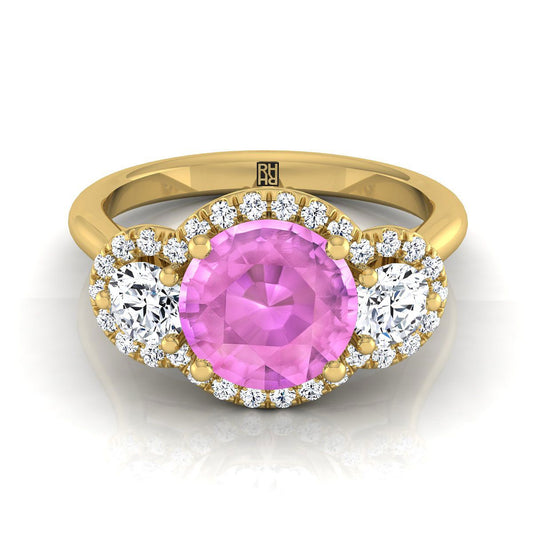 14K Yellow Gold Round Brilliant Pink Sapphire French Pave Diamond Three Stone Engagement Ring -1/2ctw