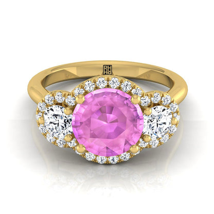 18K Yellow Gold Round Brilliant Pink Sapphire French Pave Diamond Three Stone Engagement Ring -1/2ctw