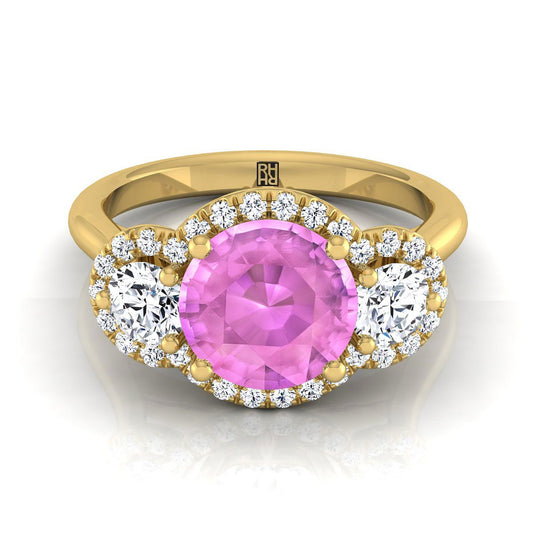 18K Yellow Gold Round Brilliant Pink Sapphire French Pave Diamond Three Stone Engagement Ring -1/2ctw