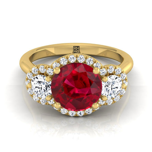 18K Yellow Gold Round Brilliant Ruby French Pave Diamond Three Stone Engagement Ring -1/2ctw