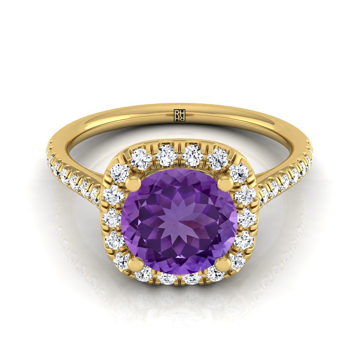 18K Yellow Gold Round Brilliant Amethyst Simple Prong Set Halo Engagement Ring -1/3ctw