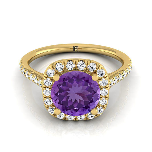 18K Yellow Gold Round Brilliant Amethyst Simple Prong Set Halo Engagement Ring -1/3ctw