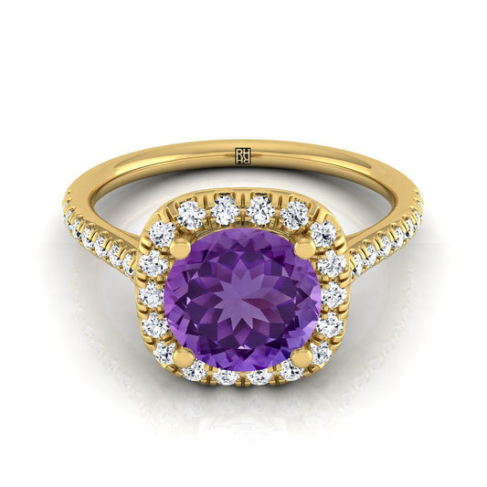 14K Yellow Gold Round Brilliant Amethyst Simple Prong Set Halo Engagement Ring -1/3ctw