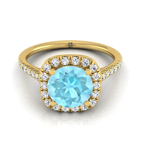 18K Yellow Gold Round Brilliant Aquamarine Simple Prong Set Halo Engagement Ring -1/3ctw