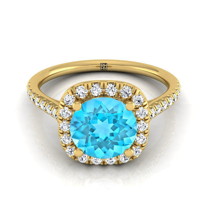 18K Yellow Gold Round Brilliant Swiss Blue Topaz Simple Prong Set Halo Engagement Ring -1/3ctw