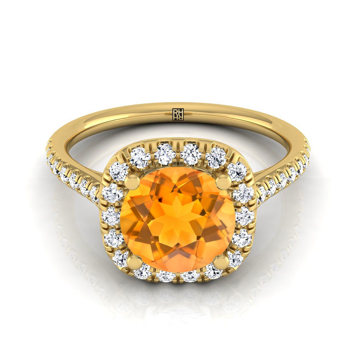 18K Yellow Gold Round Brilliant Citrine Simple Prong Set Halo Engagement Ring -1/3ctw