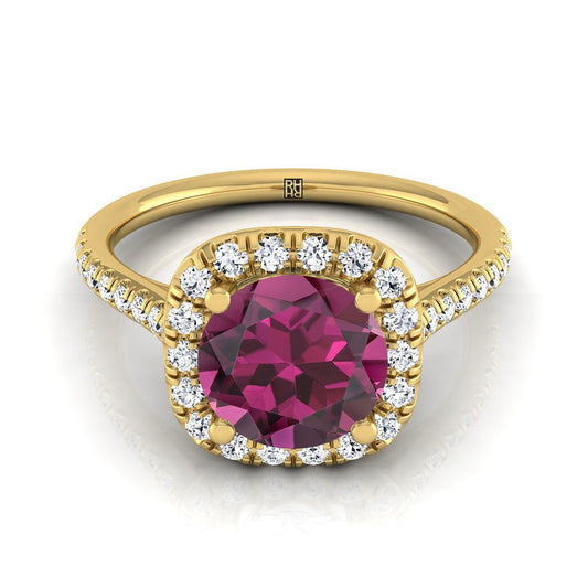 14K Yellow Gold Round Brilliant Garnet Simple Prong Set Halo Engagement Ring -1/3ctw