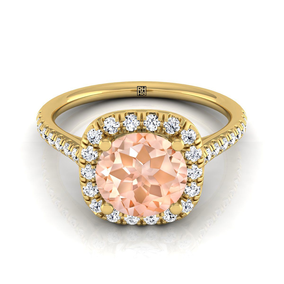 14K Yellow Gold Round Brilliant Morganite Simple Prong Set Halo Engagement Ring -1/3ctw