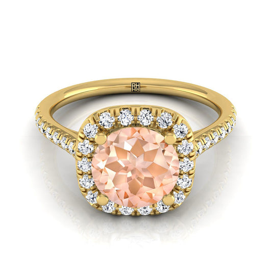 18K Yellow Gold Round Brilliant Morganite Simple Prong Set Halo Engagement Ring -1/3ctw