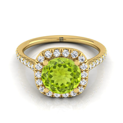 14K Yellow Gold Round Brilliant Peridot Simple Prong Set Halo Engagement Ring -1/3ctw