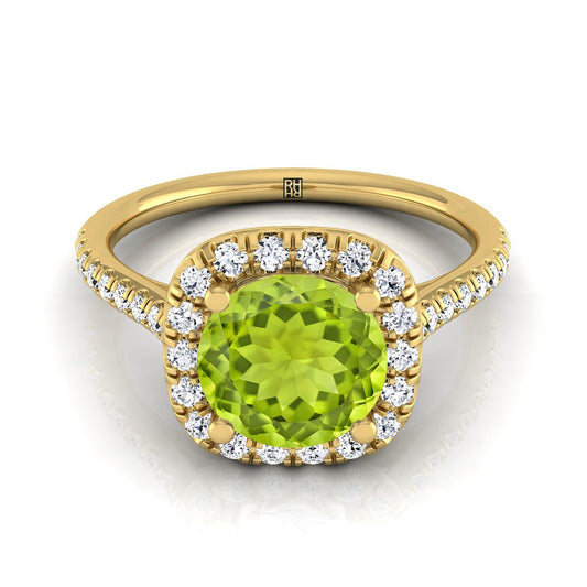 14K Yellow Gold Round Brilliant Peridot Simple Prong Set Halo Engagement Ring -1/3ctw