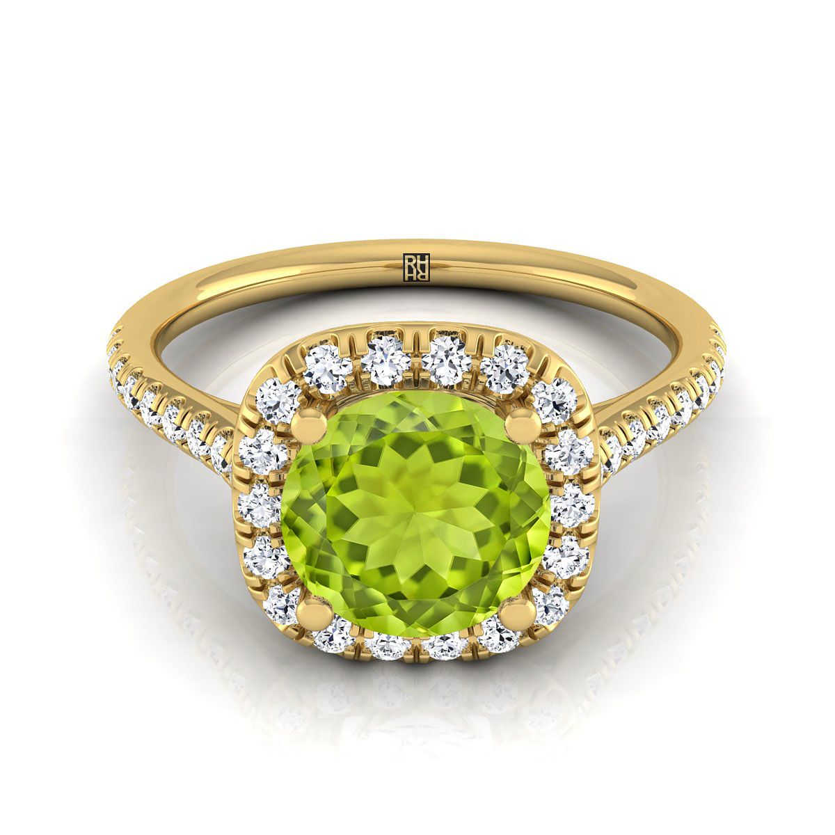 18K Yellow Gold Round Brilliant Peridot Simple Prong Set Halo Engagement Ring -1/3ctw