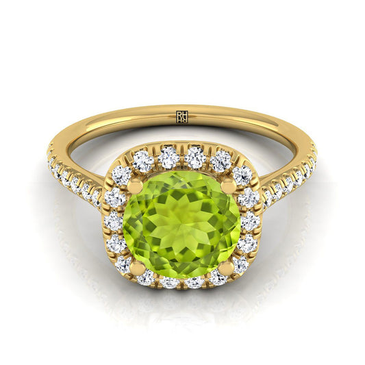 18K Yellow Gold Round Brilliant Peridot Simple Prong Set Halo Engagement Ring -1/3ctw