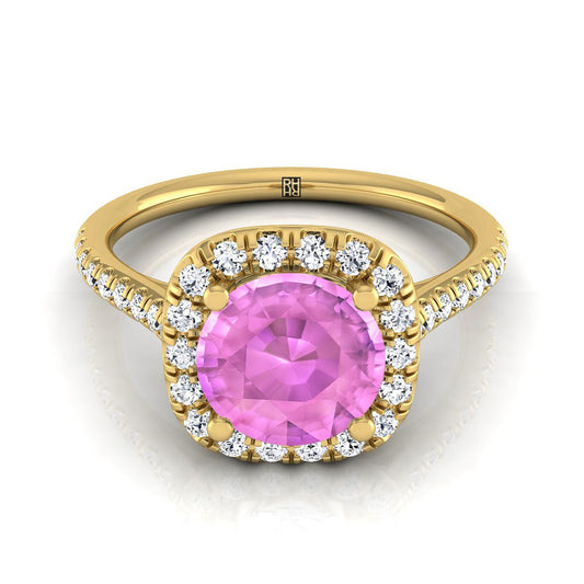 14K Yellow Gold Round Brilliant Pink Sapphire Simple Prong Set Halo Engagement Ring -1/3ctw