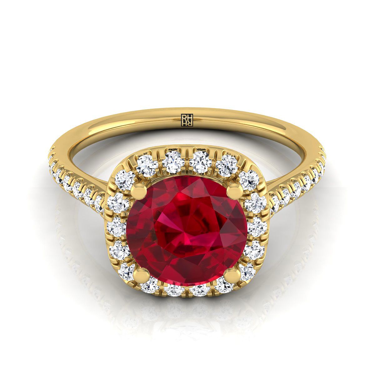 18K Yellow Gold Round Brilliant Ruby Simple Prong Set Halo Engagement Ring -1/3ctw