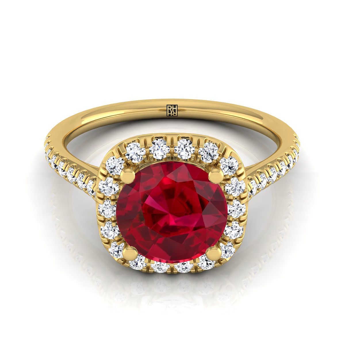 14K Yellow Gold Round Brilliant Ruby Simple Prong Set Halo Engagement Ring -1/3ctw