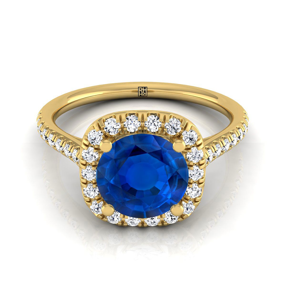 18K Yellow Gold Round Brilliant Sapphire Simple Prong Set Halo Engagement Ring -1/3ctw