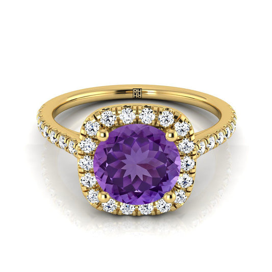18K Yellow Gold Round Brilliant Amethyst Halo Diamond Pave Engagement Ring -1/3ctw