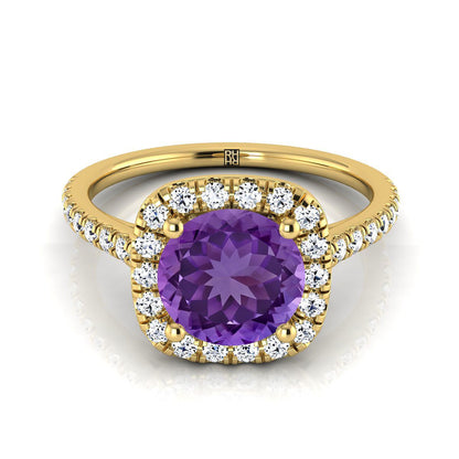 18K Yellow Gold Round Brilliant Amethyst Halo Diamond Pave Engagement Ring -1/3ctw